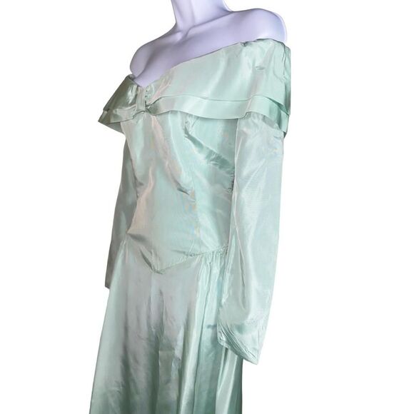 Vintage Light Blue/Teal Off-The-Shoulder Satin Bridesmaid Formal Gown - Picture 2 of 8